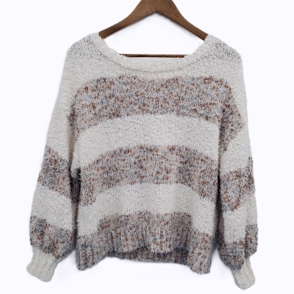 Maurices Womens XL Cream Brown Fuzzy Stripe Knit Sweater Soft‎ Cozy Long Sleeve